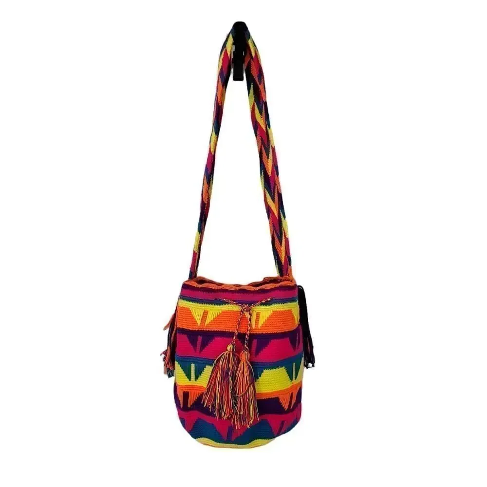 Colombia Wayuu Tribe Hand Knitted Mochila Fringe Bucket Bag